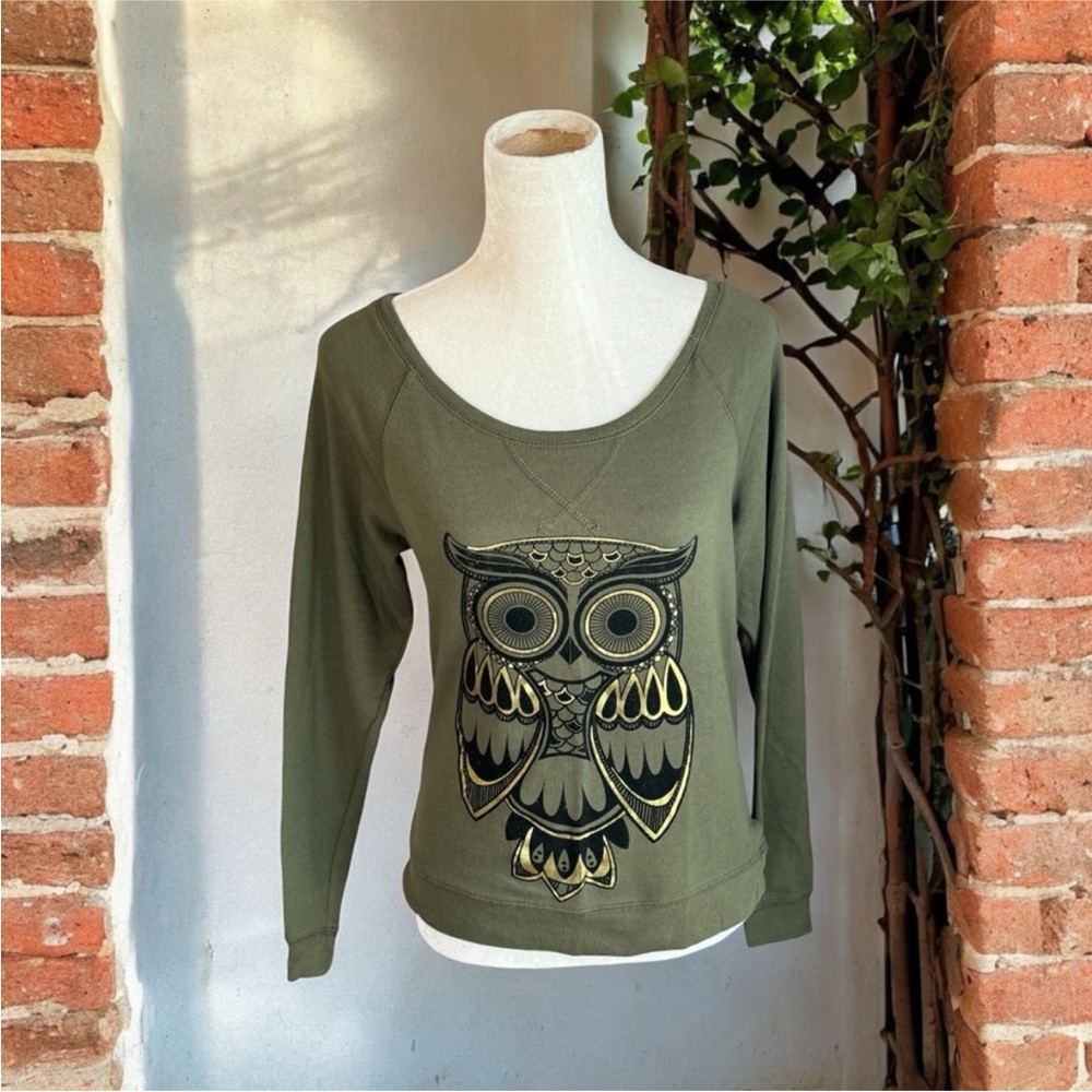 Fifth Sun Army Green Lightweight Sweater with Owl Detail